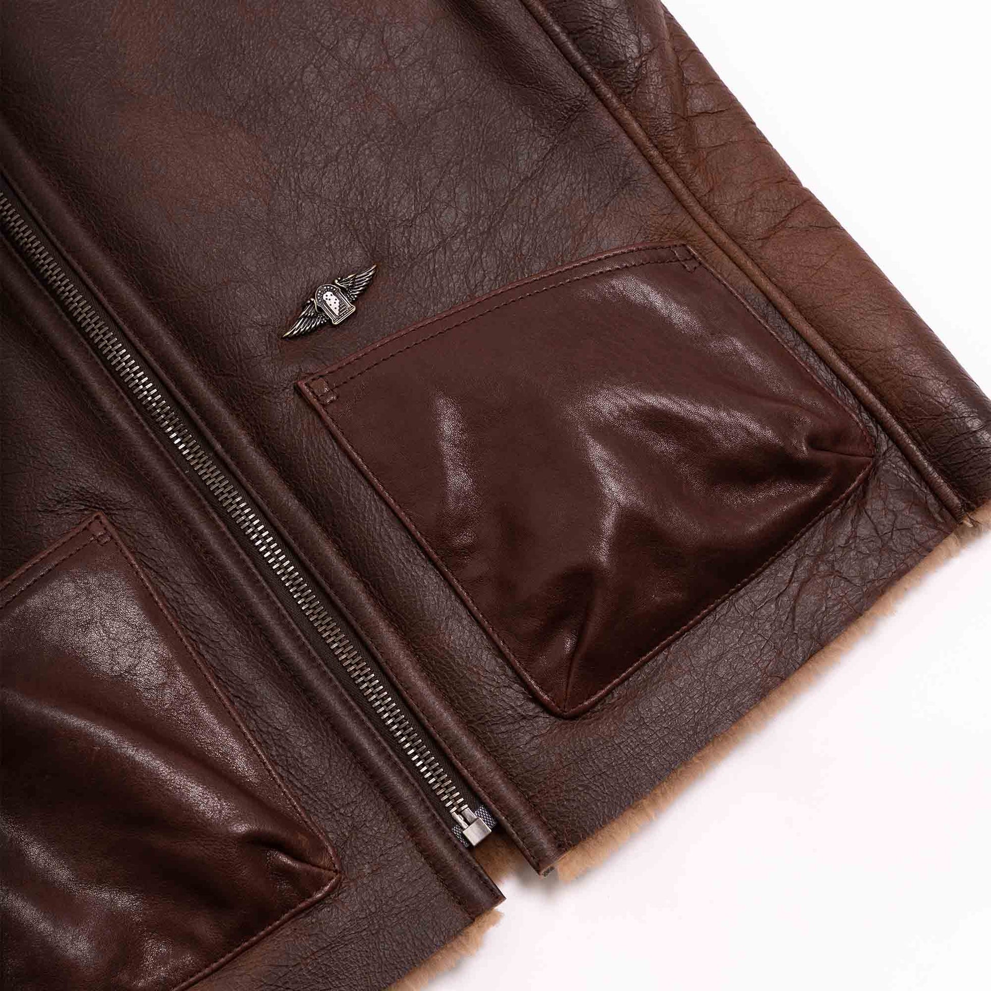 Men's Shearling Leather Vest In Chocolate Brown With Crackle Texture