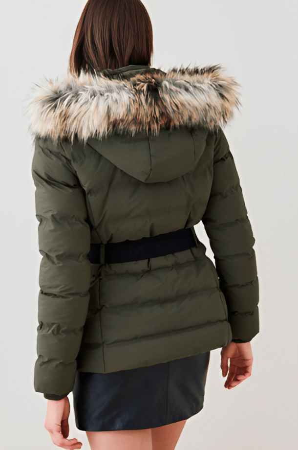 Women's Belted Puffer Jacket In Khaki With Fur Hood