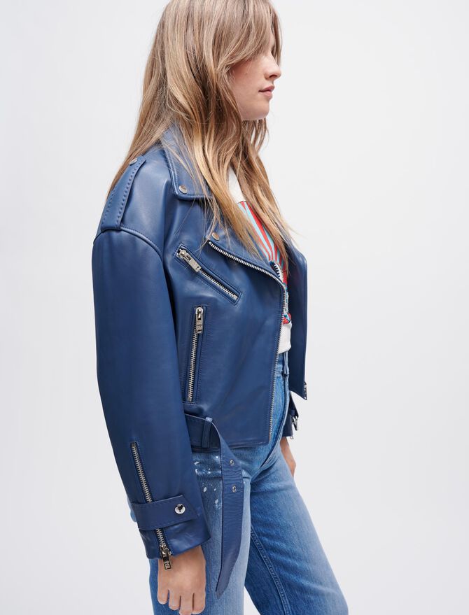 Women's Biker Leather Jacket In Blue With Belt