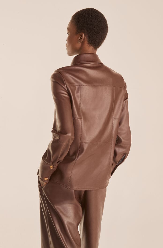 Women's Chocolate Brown Leather Shirt With Gold Buttons