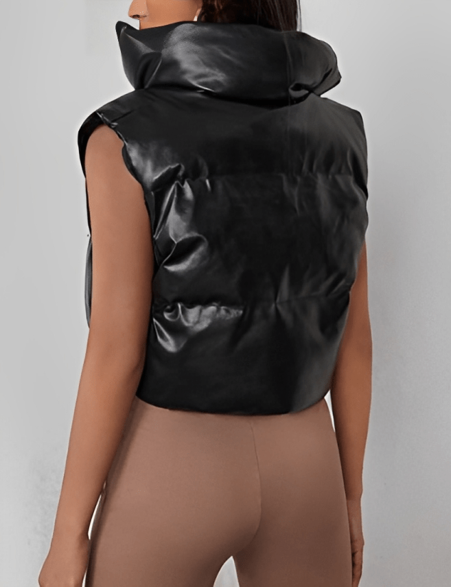 Women's Cropped Puffer Leather Vest In Black