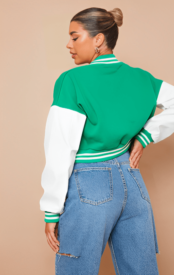 Women's Cropped Varsity Bomber Leather Jacket In Green