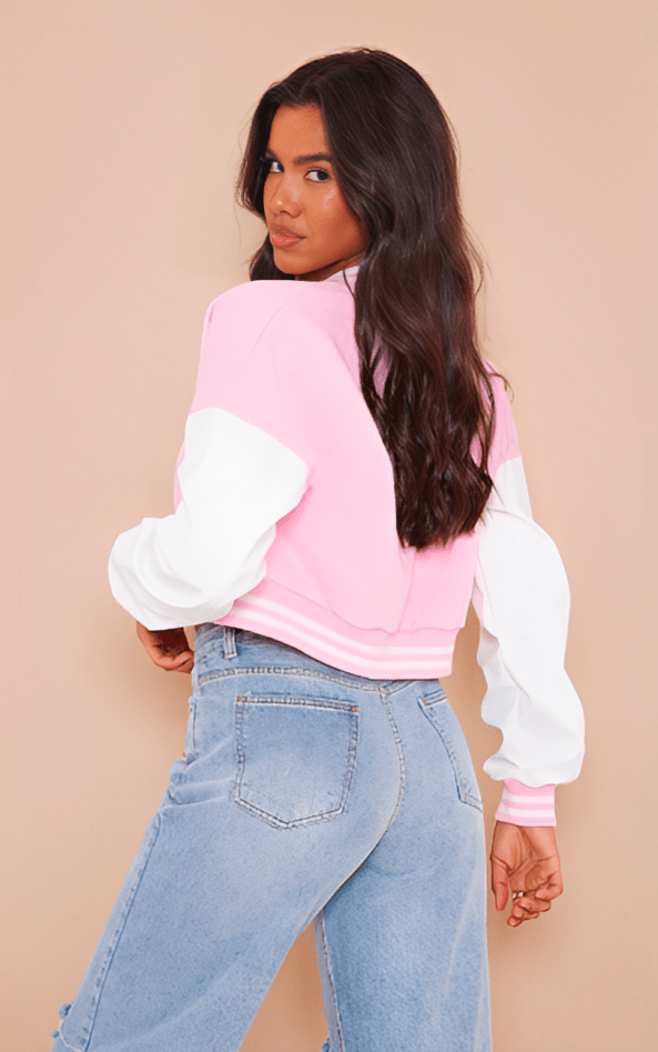 Women's Cropped Varsity Bomber Leather Jacket In Pink