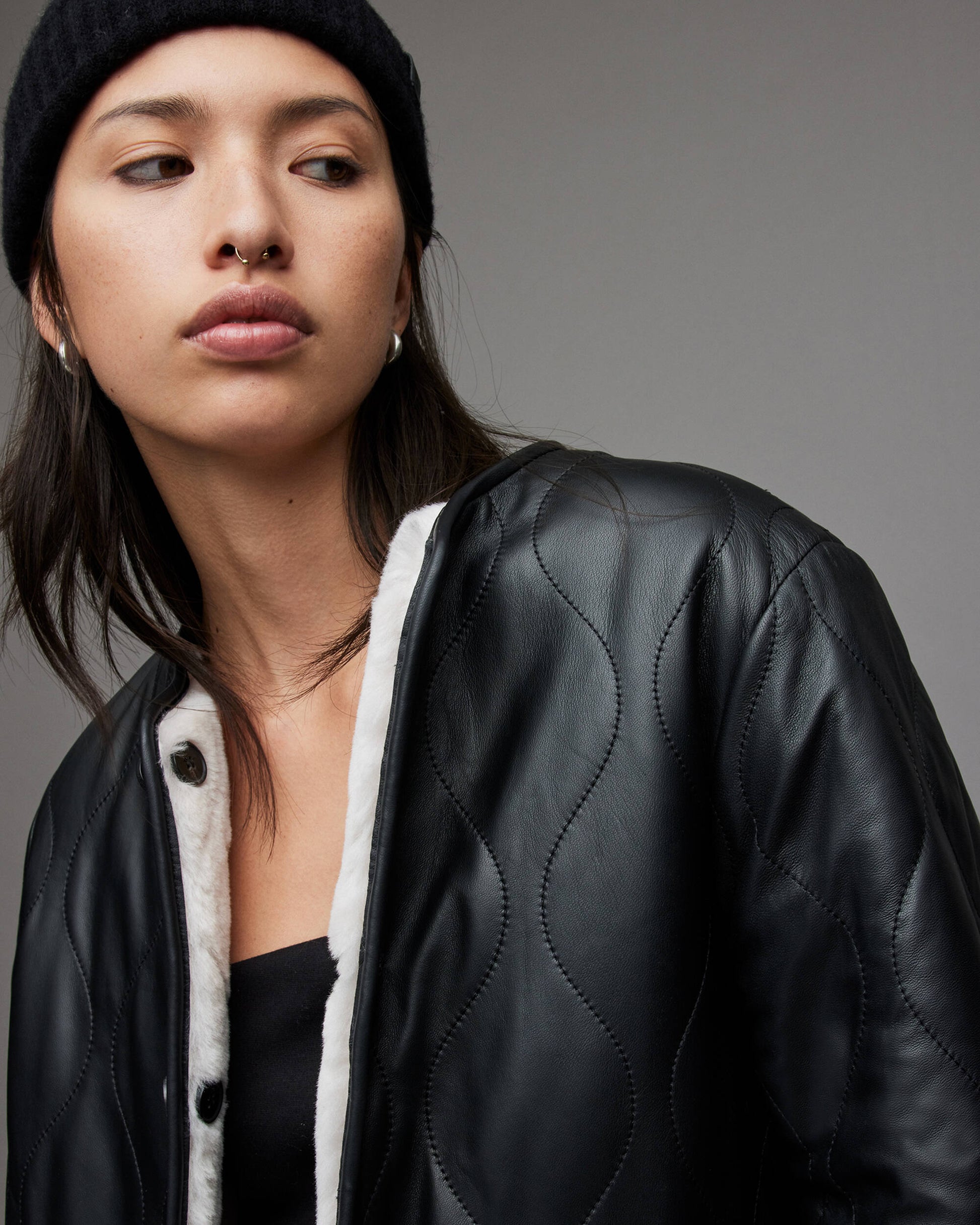 Women's Double Sided Black Leather & White Shearling Jacket