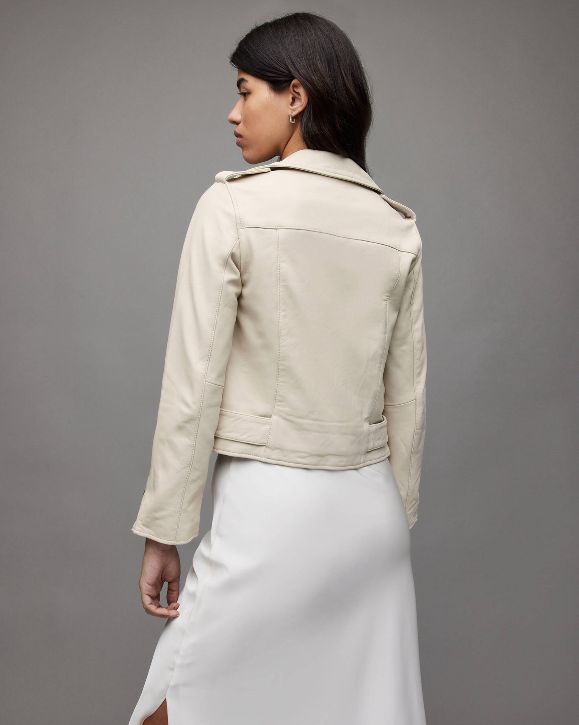 Women's Leather Biker Jacket In Beige With Belt