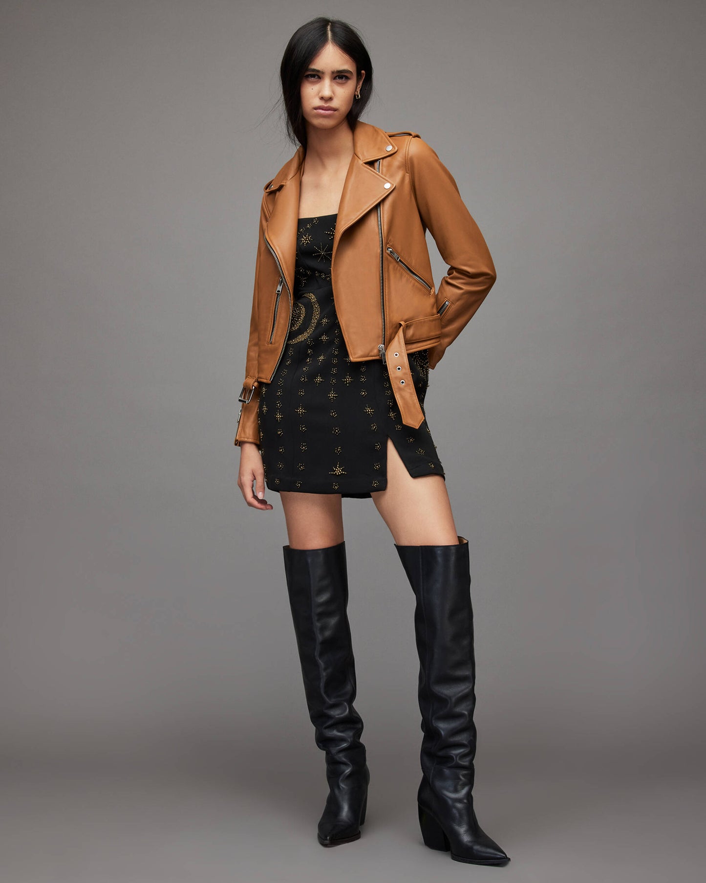 Women's Leather Biker Jacket In Tan Brown