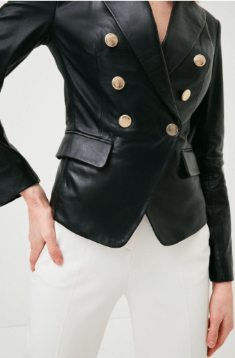 Women's Leather Blazer In Black With Golden Buttons