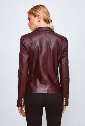 Women's Leather Blazer In Mahogany Red With Golden Buttons