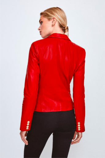 Women's Leather Blazer In Red With Golden Buttons