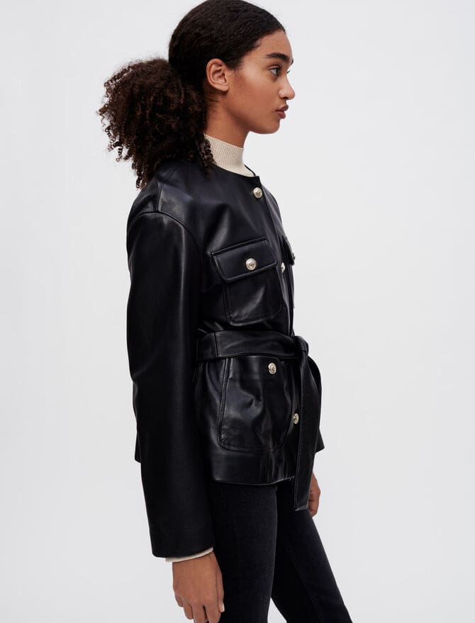 Women's Leather Jacket In Black With Belted Waist