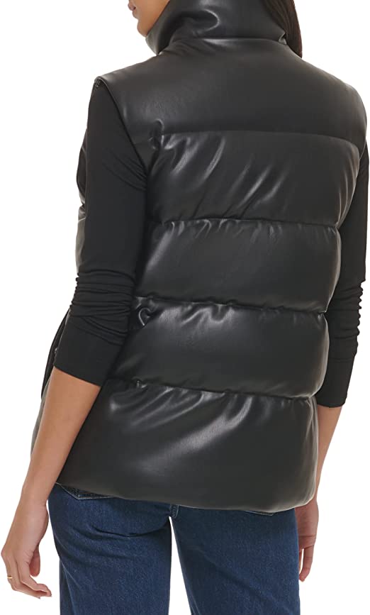 Women's Leather Puffer Vest In Black