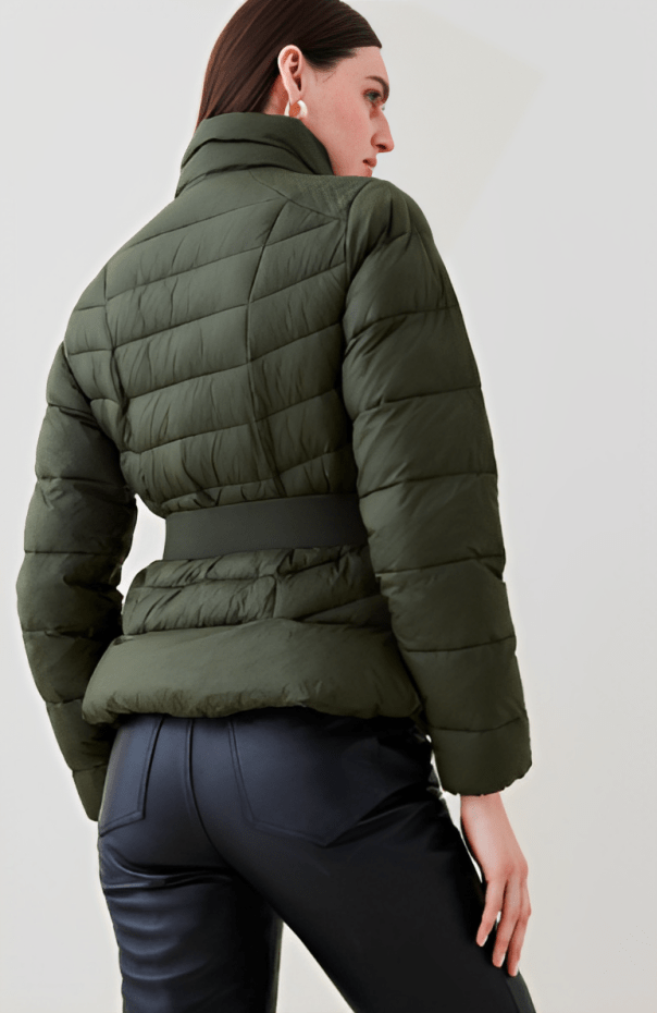 Women's Puffer Jacket In Khaki With Belt
