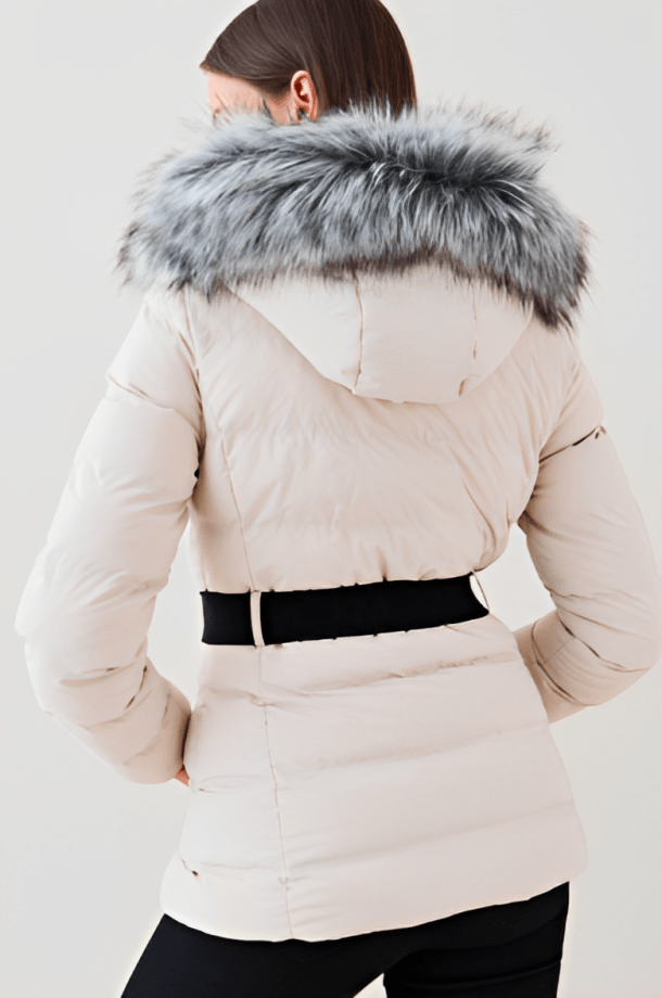 Women's Puffer Jacket In Beige With Fur Hood