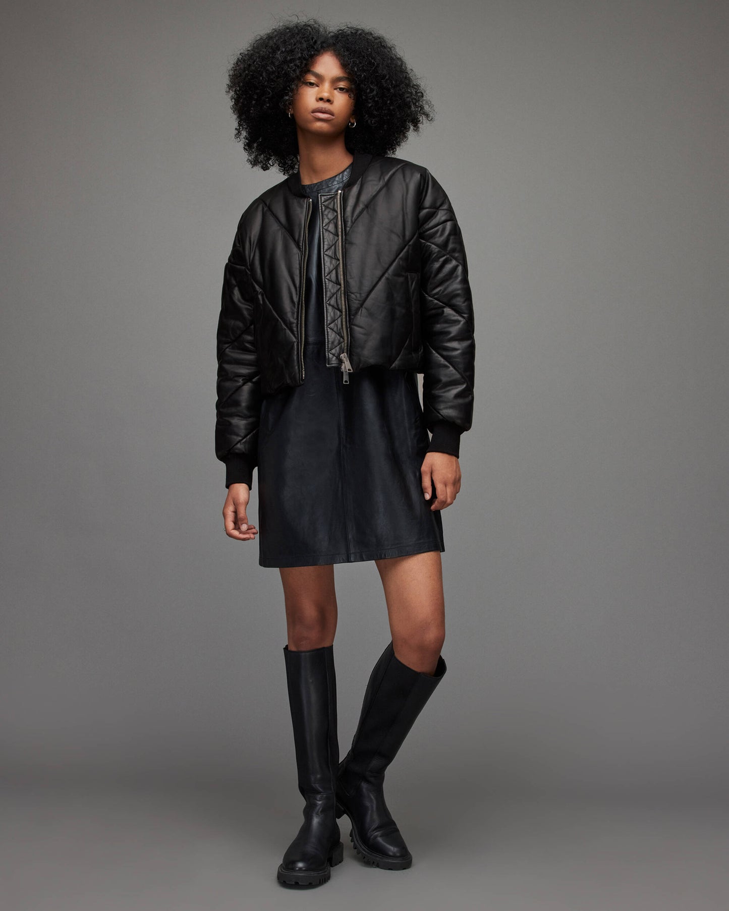 Women's Puffer Leather Jacket In Black