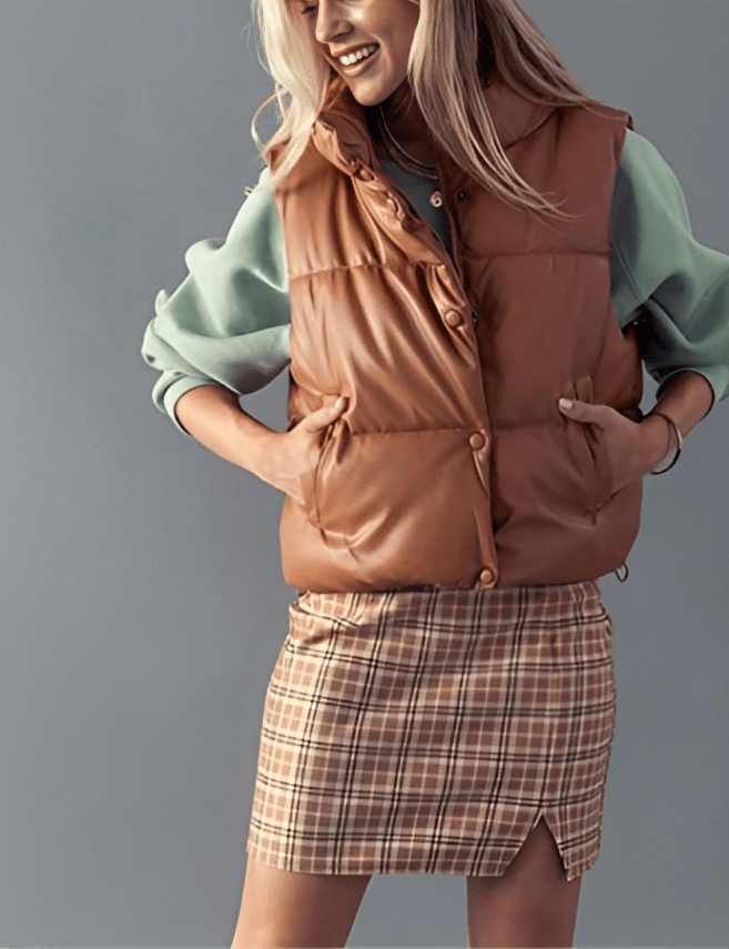 Women's Puffer Leather Vest In Tan Brown