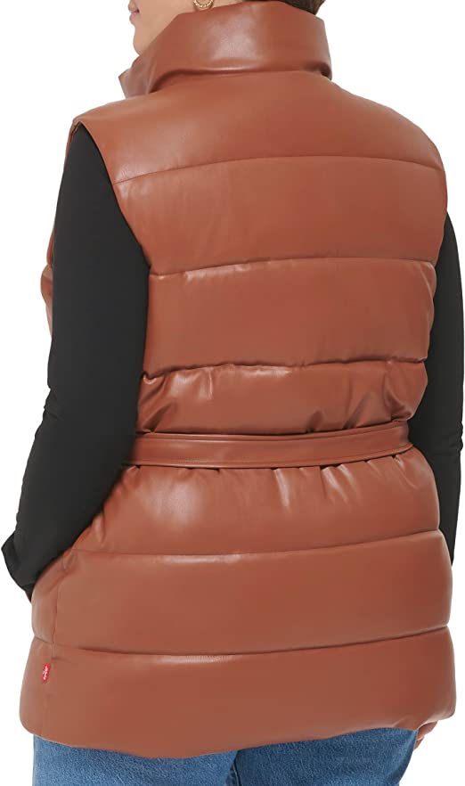 Women's Puffer Leather Vest In Chocolate Brown With Belt