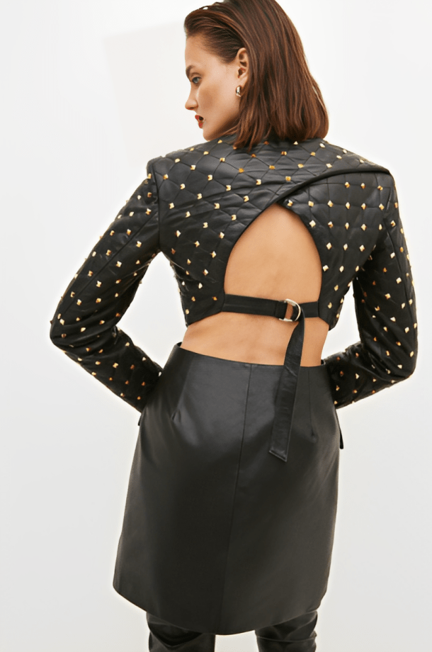 Women's Quilted Studded Leather Blazer In Black