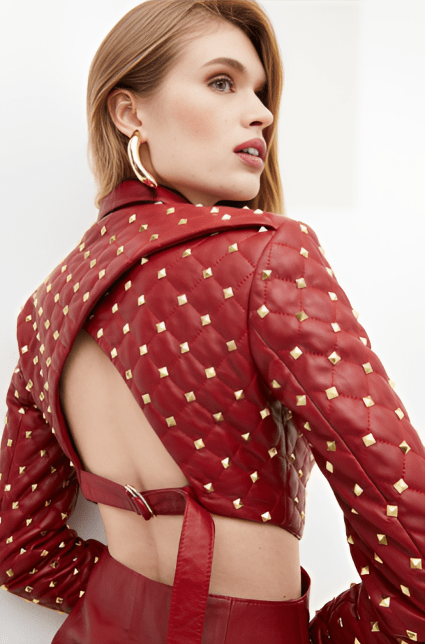 Women's Quilted Studded Leather Blazer In Red