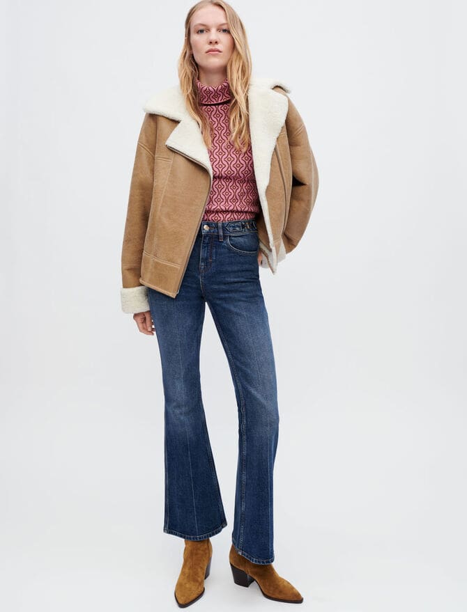 Women's Shearling Biker Leather Jacket In Brown