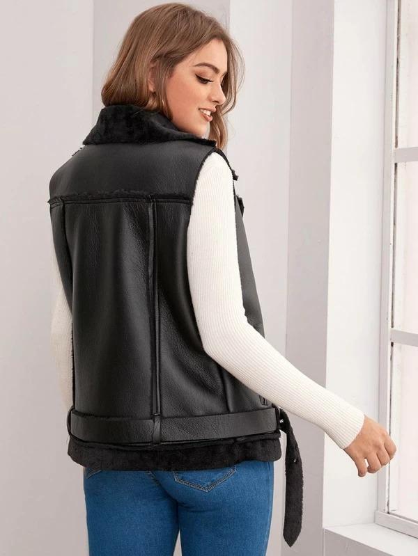 Women's Shearling Biker Leather Vest In Black