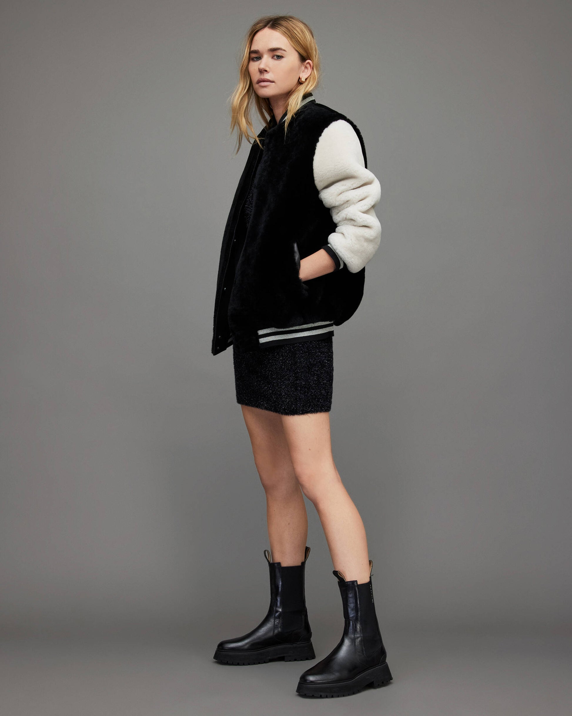 Women's Shearling Bomber Jacket In White & Black