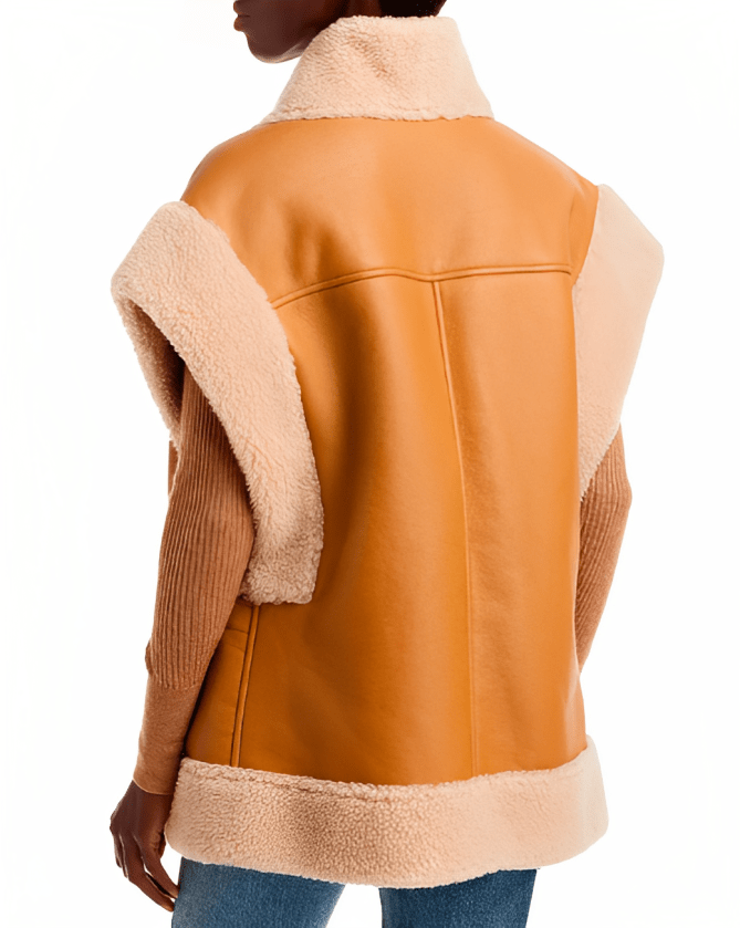 Women's Shearling Leather Vest In Tan Brown With Patch Pockets