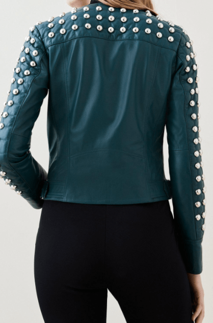 Women's Quilted Studded Leather Jacket In Jade