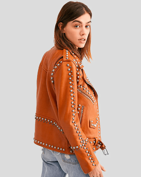 Women's Studded Leather Biker Jacket In Tan Brown