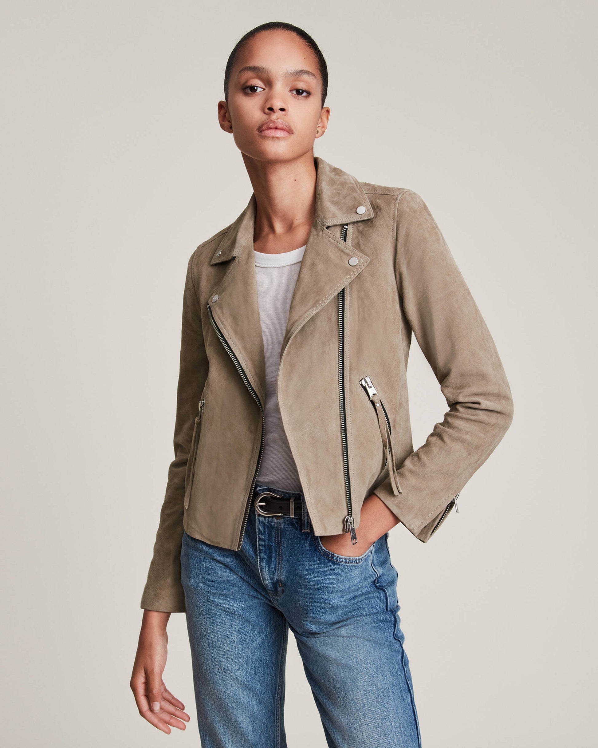 Women's Suede Leather Biker Jacket In Tan Beige