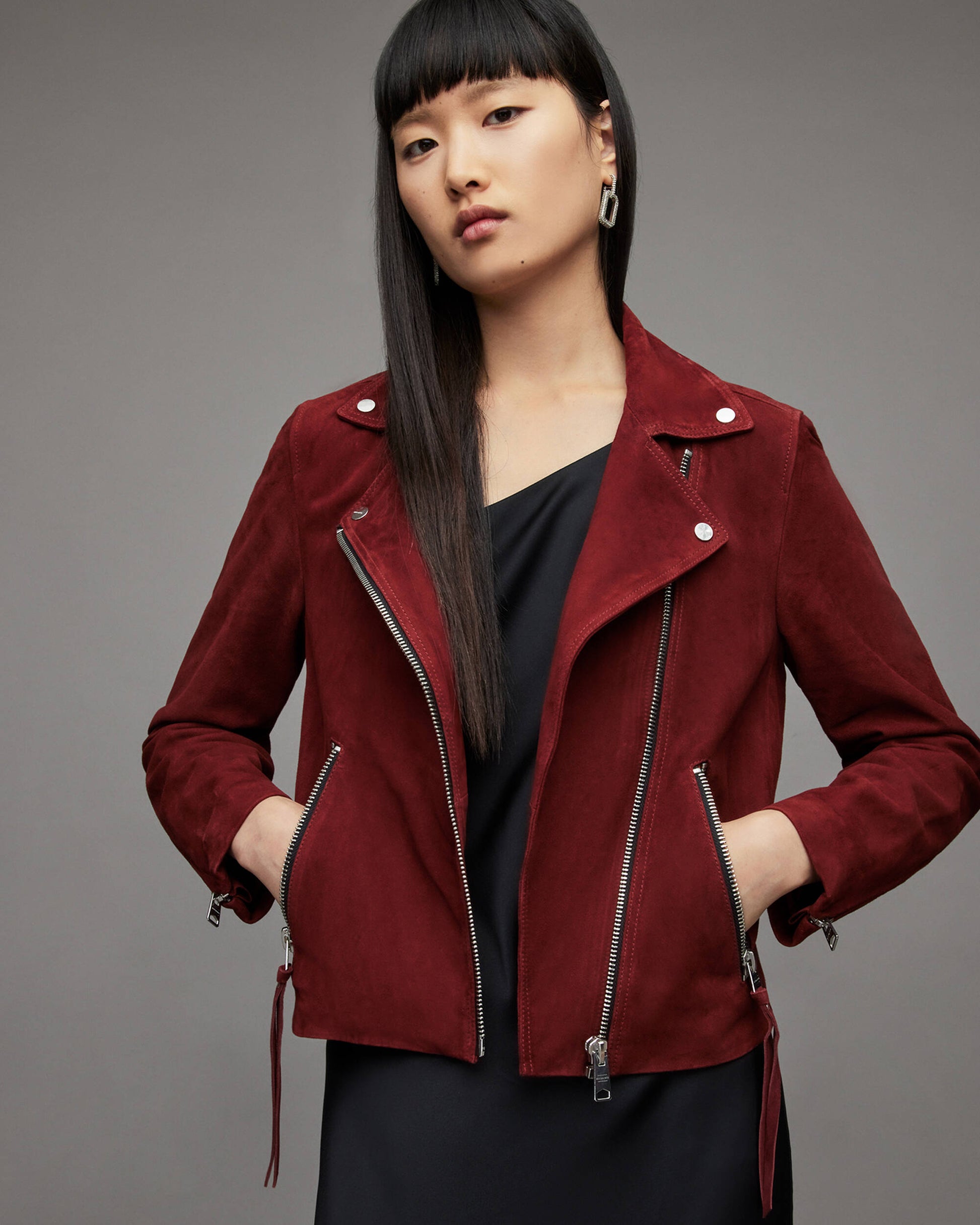 Women's Suede Leather Biker Jacket In Red