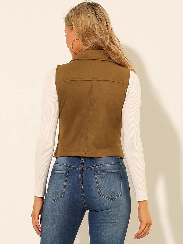 Women's Suede Leather Biker Vest In Tan Brown