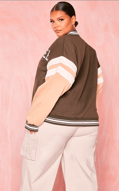 Women's Varsity Bomber Leather Jacket In Brown & Pink Sleeves