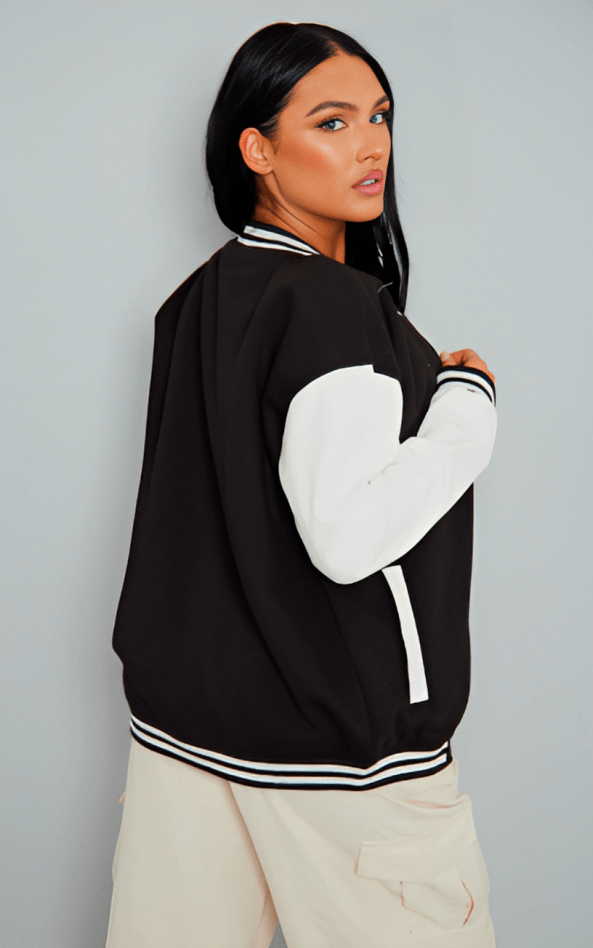 Women's Varsity Leather Bomber Jacket In Black