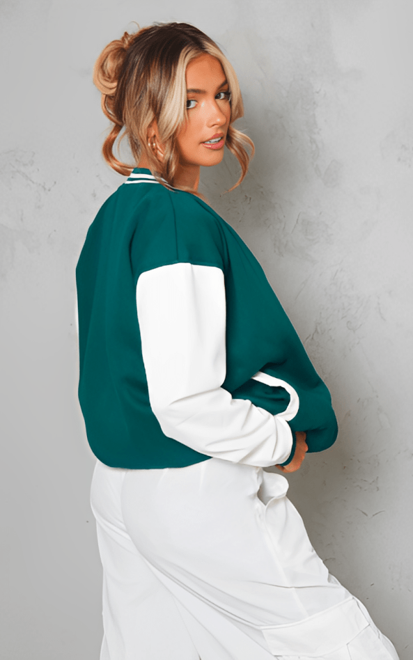Women's Varsity Leather Bomber Jacket In See Green