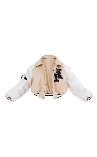 Women's Varsity Bomber Leather Jacket In Beige & White Sleeves