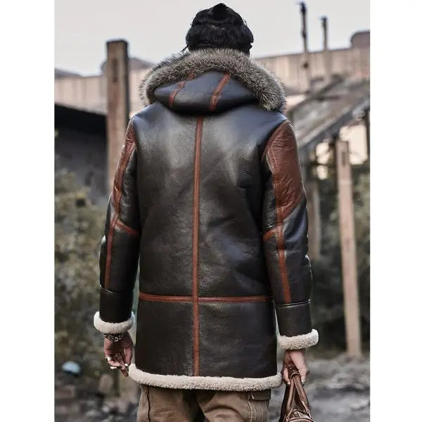 Men's Shearling Leather Coat In Black With Hood