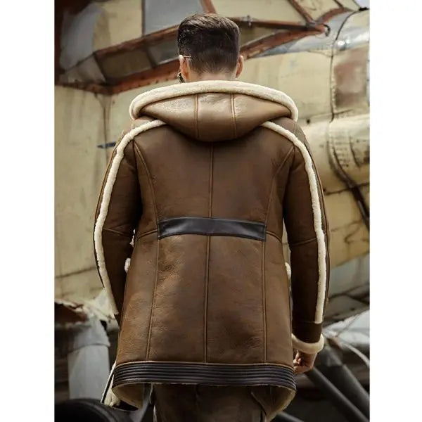 Men's Shearling Leather Coat In Brown With Hood