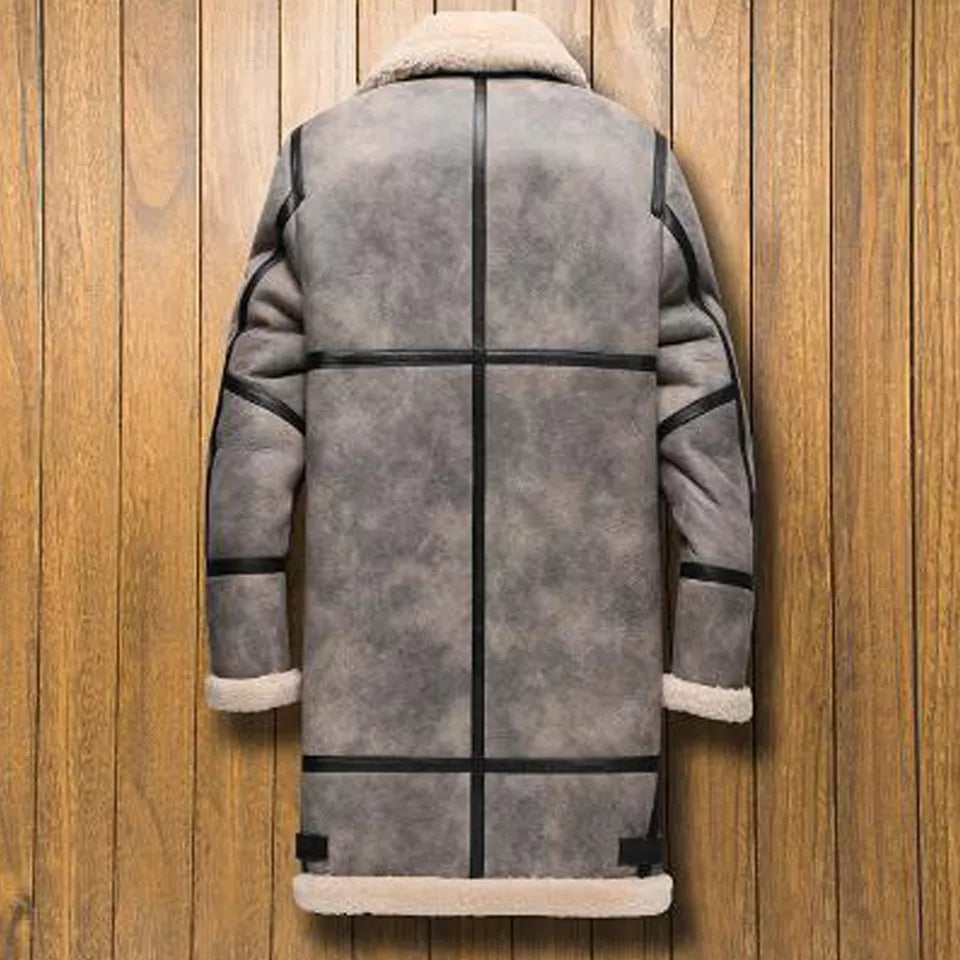 Men's Shearling Leather Coat In Gray With Removable Hood