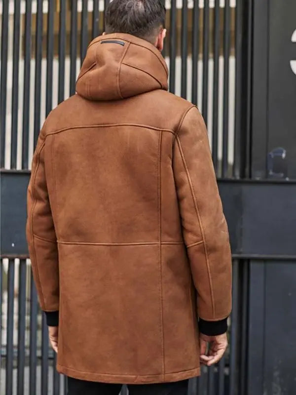 Men's Leather Shearling Coat In Brown With Hood