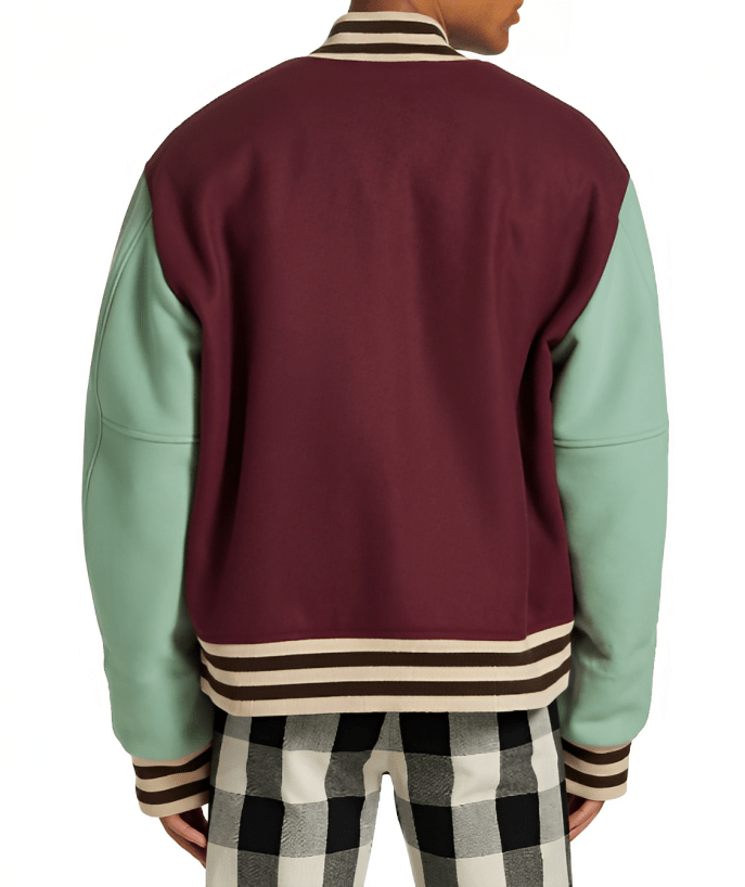 Men's Varsity Bomber Leather Jacket In Wine Red & Sky Blue Sleeves