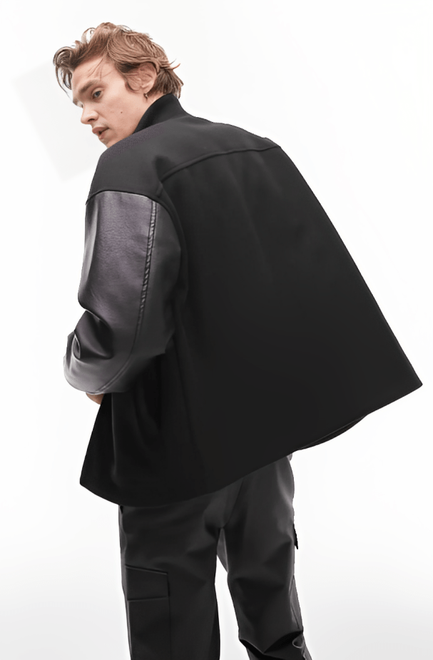 Men's Varsity Leather Bomber Jacket In Black