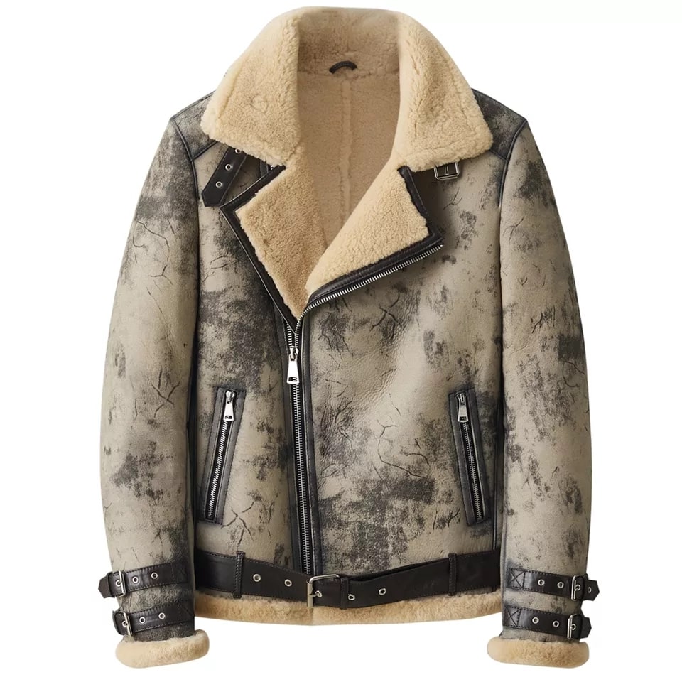 Men’s Distressed Shearling Biker Leather Jacket