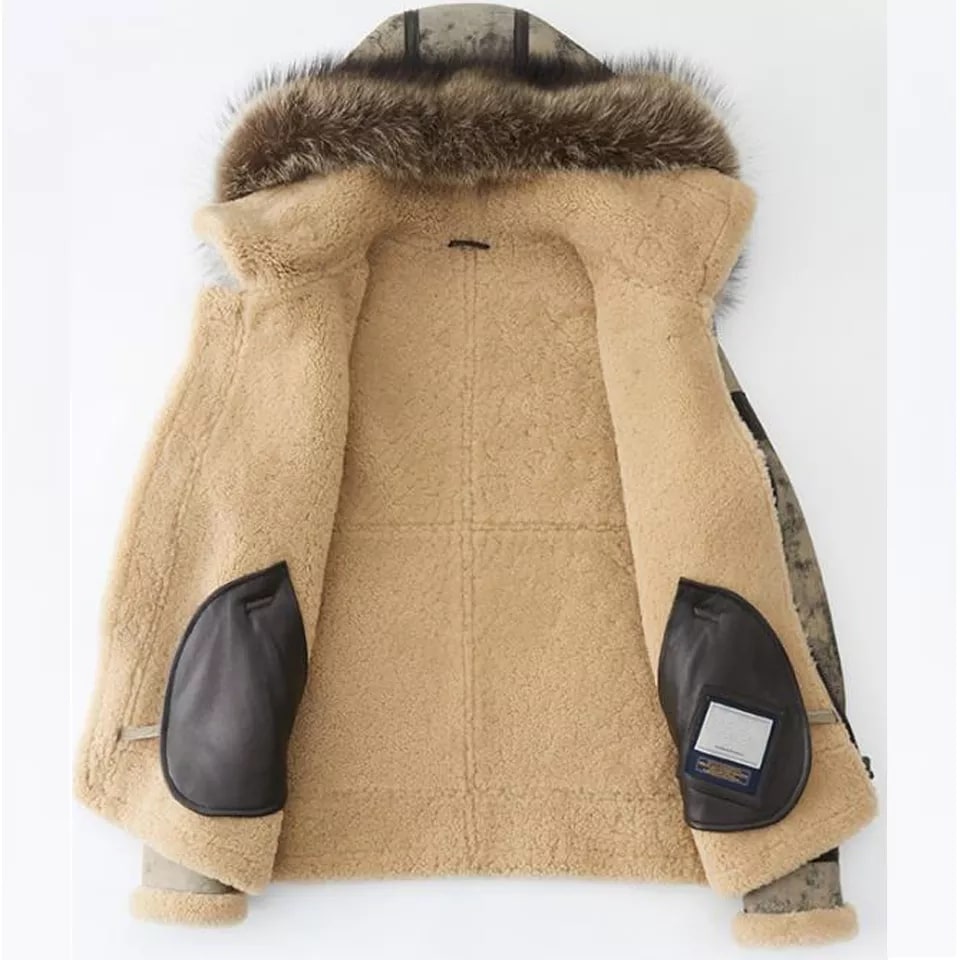 Men's Distressed Shearling Leather Jacket With Fur Hooded
