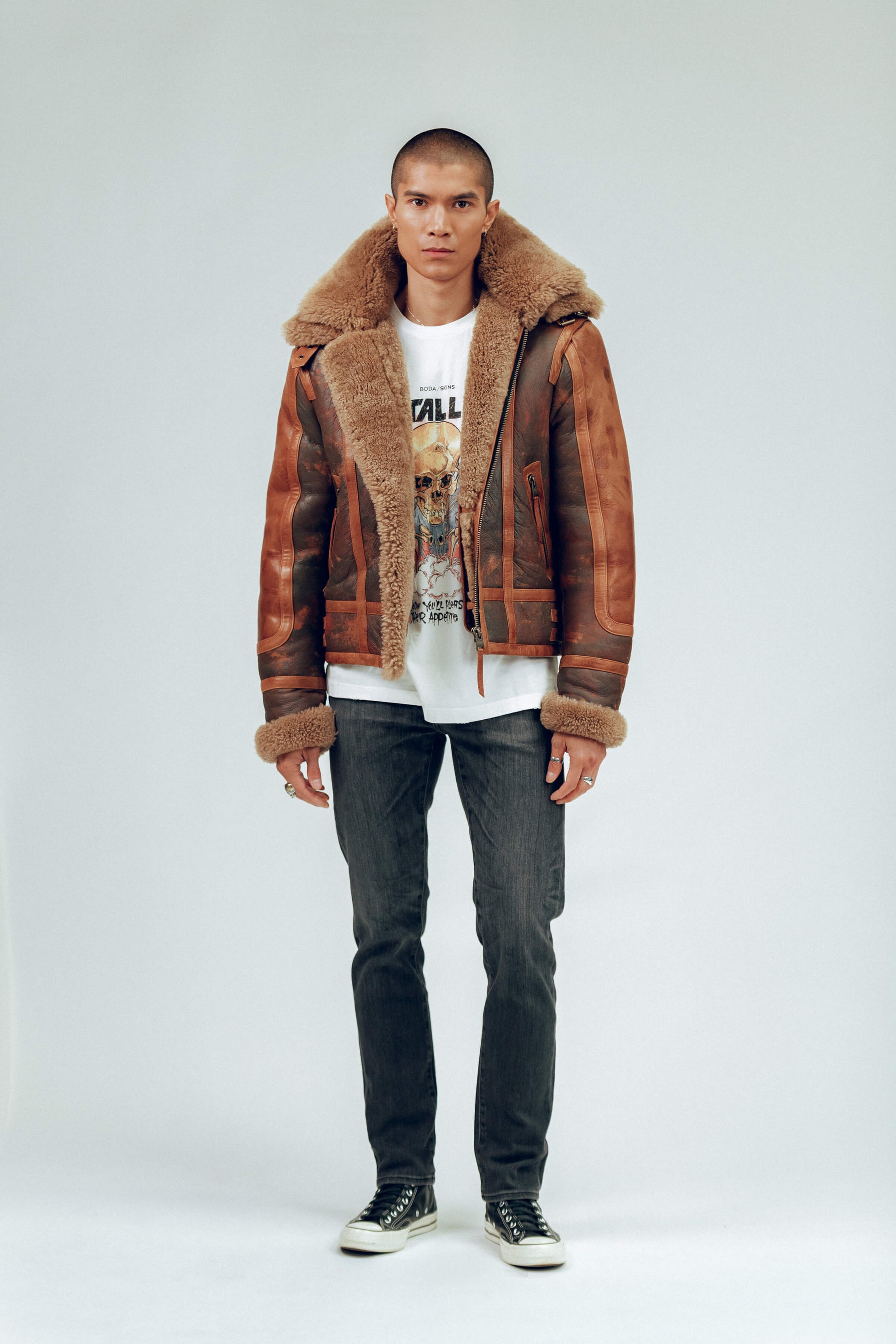 Men's Distressed Sheepskin Leather Shearling Jacket In Brown