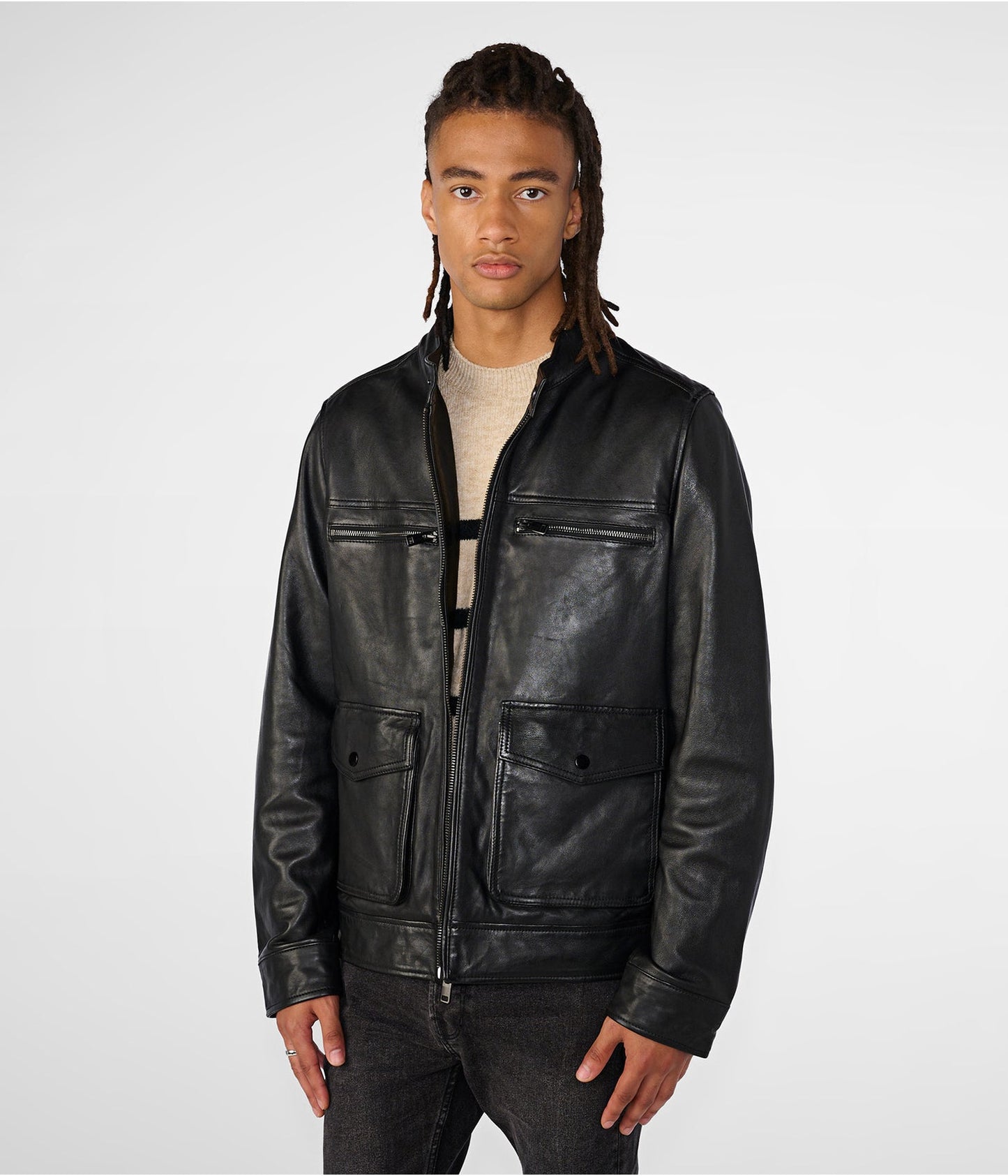 Men's Leather Harrington Moto Jacket In Black