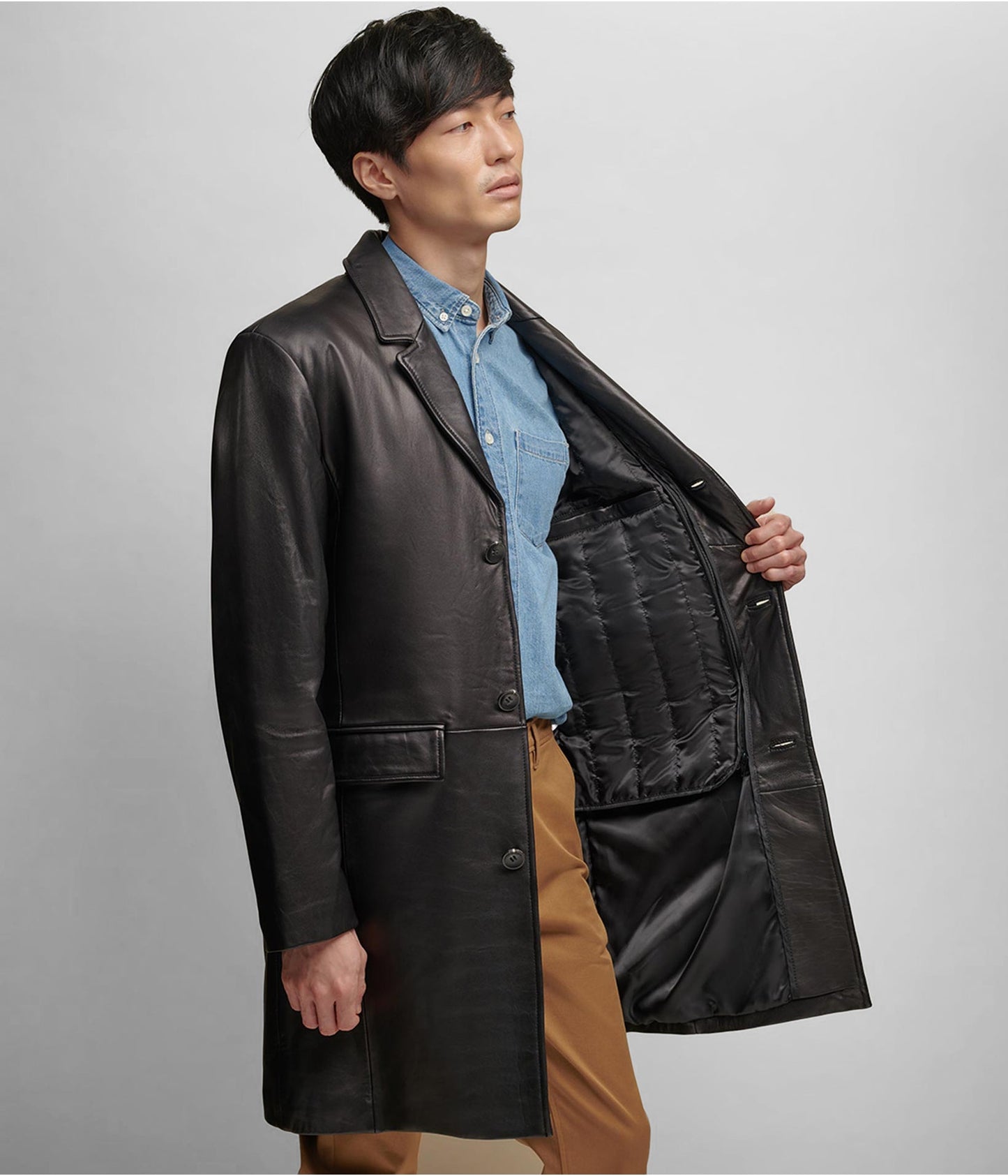 Men's Lined Leather Coat In Black