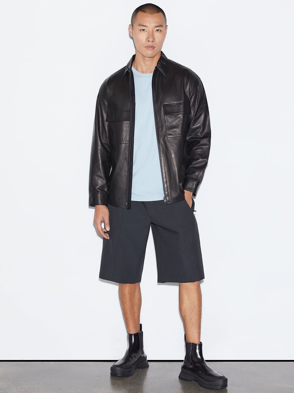 Men's Long Sleeve Leather Shirt In Black