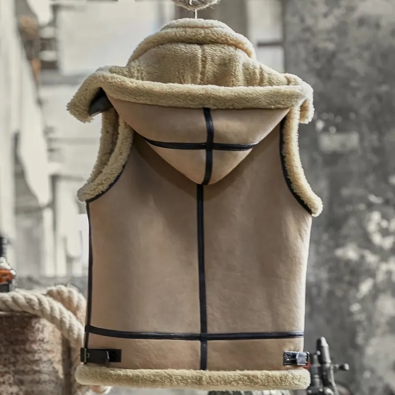 Men's Shearling Leather Vest In Beige With Removable Hood
