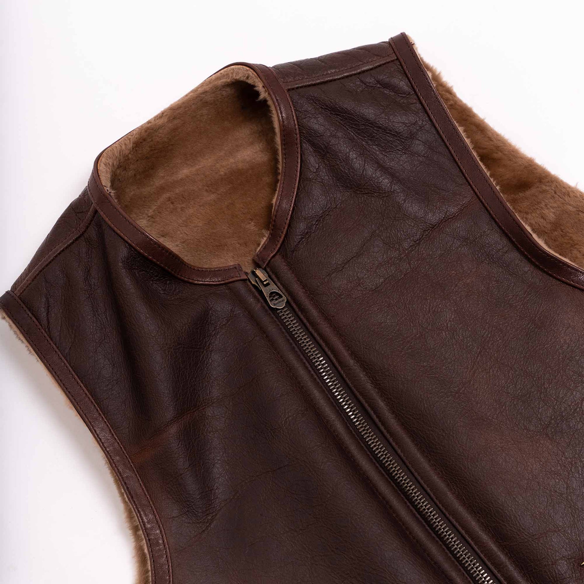 Men's Shearling Leather Vest In Chocolate Brown With Crackle Texture