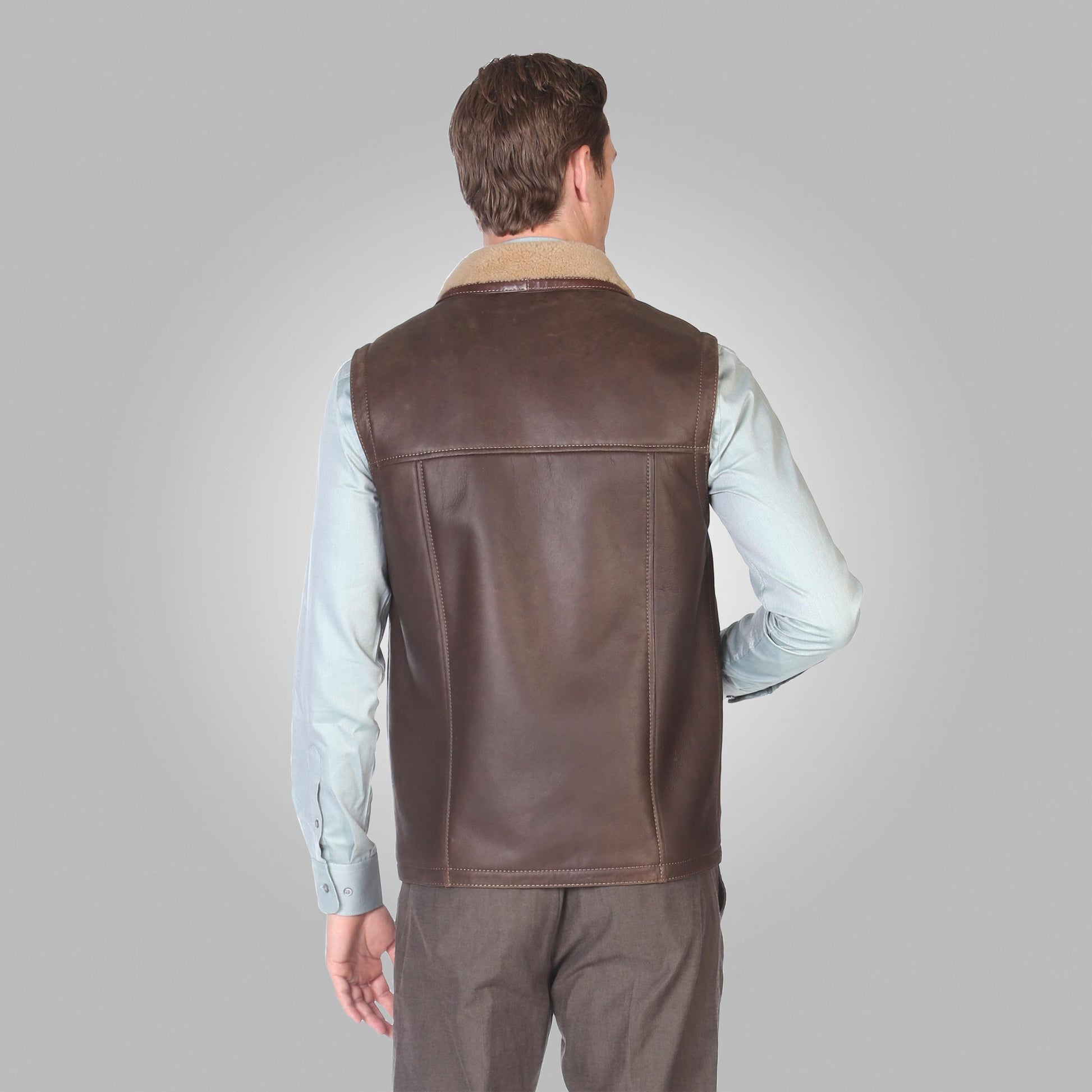 Men's Shearling Leather Vest In Chocolate Brown